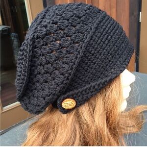 Black Handmade Crochet Women's Hat with Button Detail